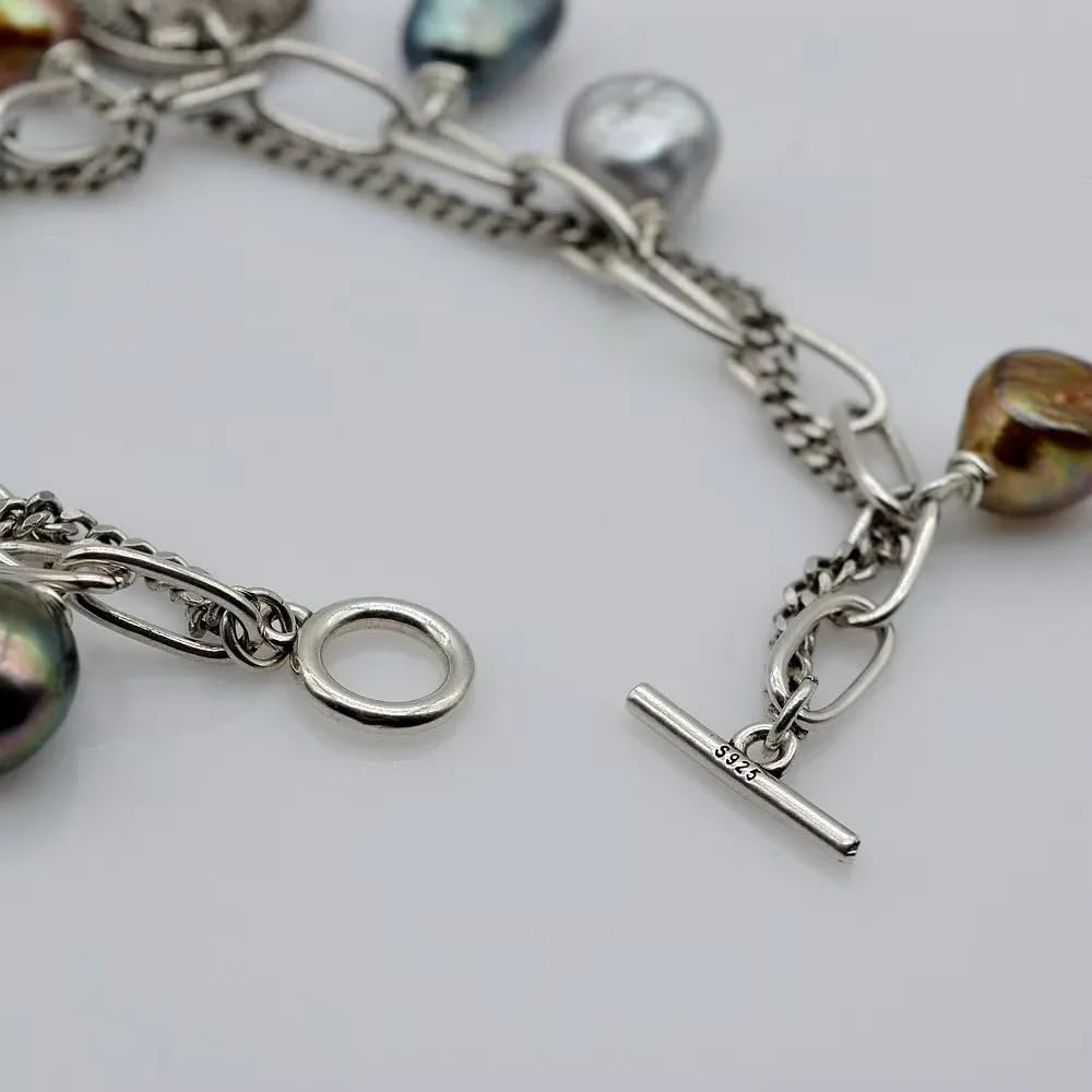 Vintage Style Freshwater Pearl Charm Bracelet, Silver Chain with Baroque Pearls, Multi-Color Natural Pearls, Queen Coin Pendant