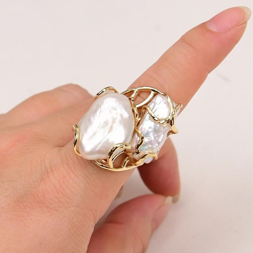 Natural Keshi Biwa Pearl Ring, Gold Plated Adjustable Band, White