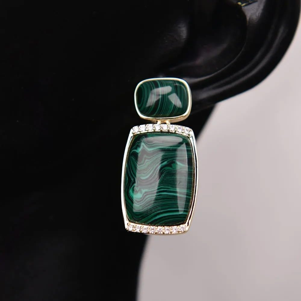Sterling Silver Vintage Malachite Dangle Earrings, Green Natural Stone with Zircon Paved, 20x23mm, Gold Plated Rectangular Stud