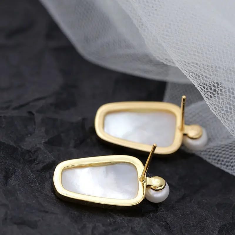 Elegant Natural Shell Earrings with Freshwater Pearl, 18K Gold Plated, White Geometric Design, Statement Drop Style