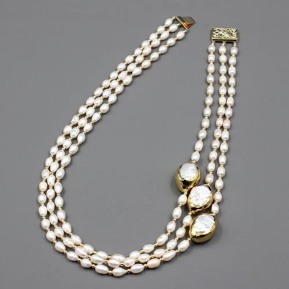 3-Row Cultured Rice Pearl Necklace with Keshi Pearl and Gold Plated Connector, White Choker
