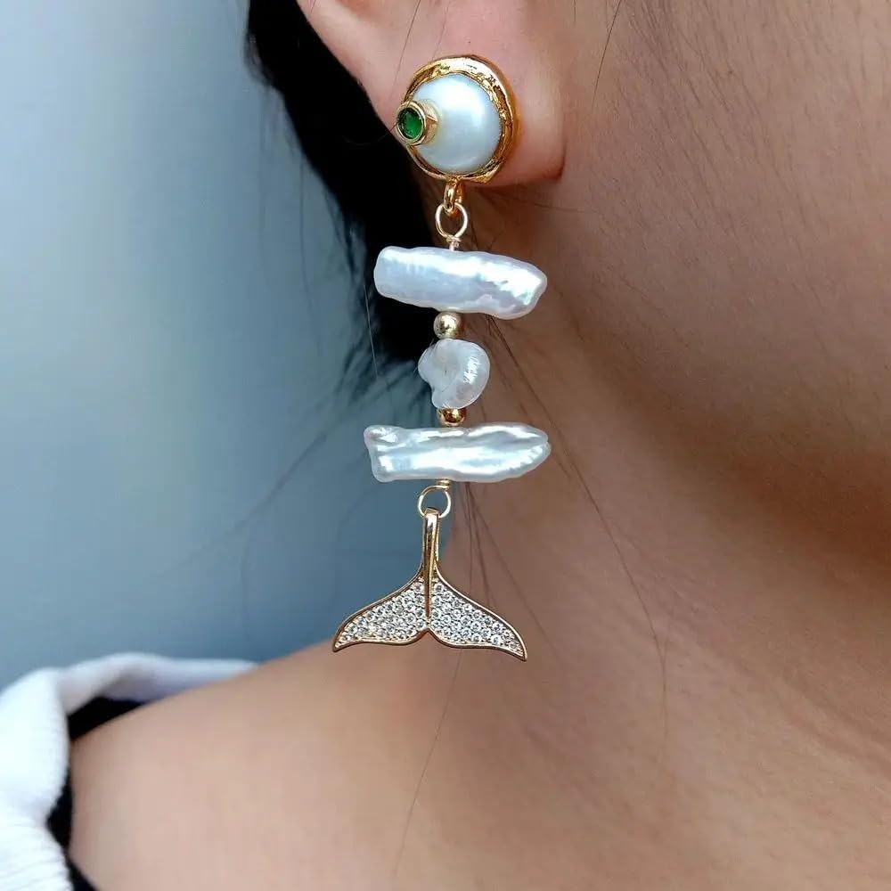 Elegant Pearl Drop Earrings, White Biwa Freshwater Cultured Pearl with CZ Pave Mermaid Tail, Gold Plated Stud Design