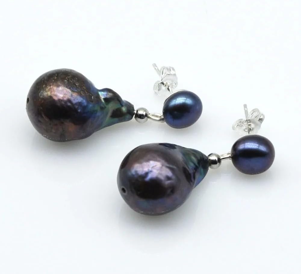 Natural Baroque Black Pearl Handmade Silver Drop Earrings