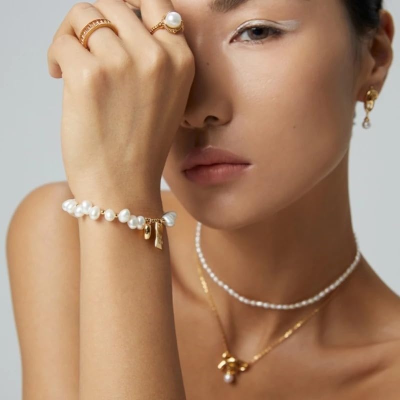 Baroque Pearl 925 Sterling Silver Heart Charm Beaded Bracelet. Color: Silver