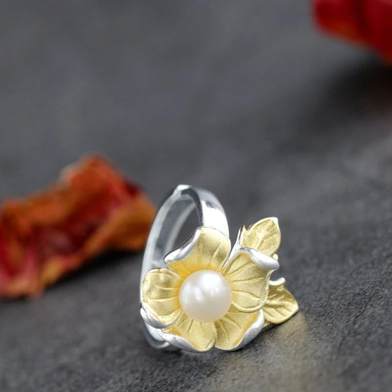 Natural Freshwater Pearl 925 Sterling Silver Ring with 18K Gold Plated Flower Design, Adjustable Open Ring