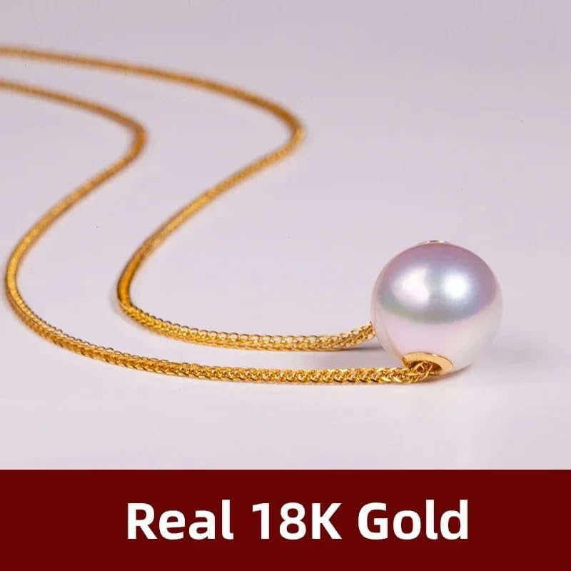 18K Gold Natural Freshwater Pearl Pendant Necklace, White Pink Purple Round Pearl