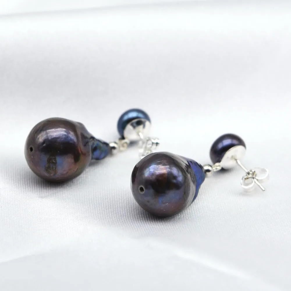 Natural Baroque Black Pearl Handmade Silver Drop Earrings