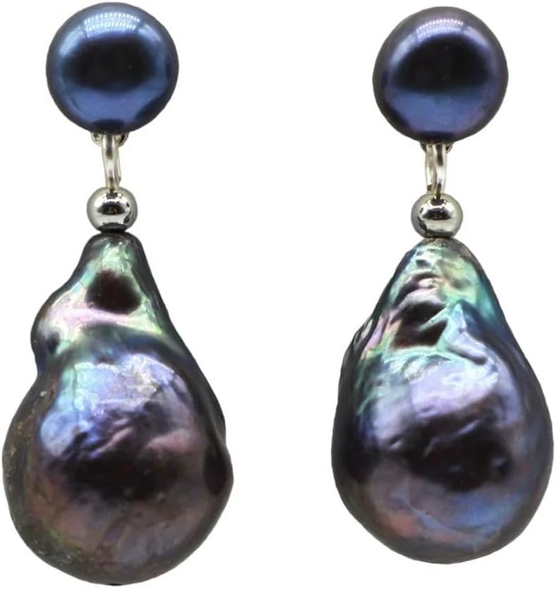 Natural Baroque Black Pearl Handmade Silver Drop Earrings