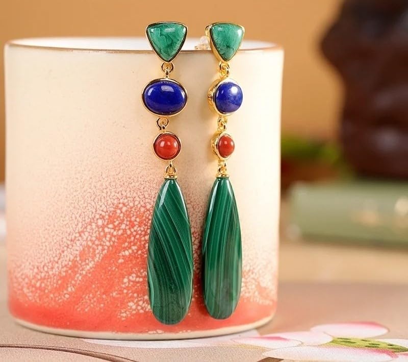 925 Silver Malachite Lapis Lazuli Agate Long Dangle Drop Earrings | Geometric Design, Colored Stone, Women's Fashion, Sterling Silver, Drop Style