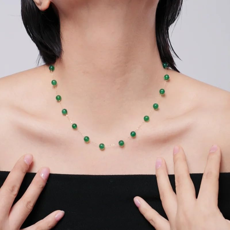 18K Gold Natural Green Agate Necklace, Elegant Chain with Emerald Color Beads, Fine Jewelry for Women