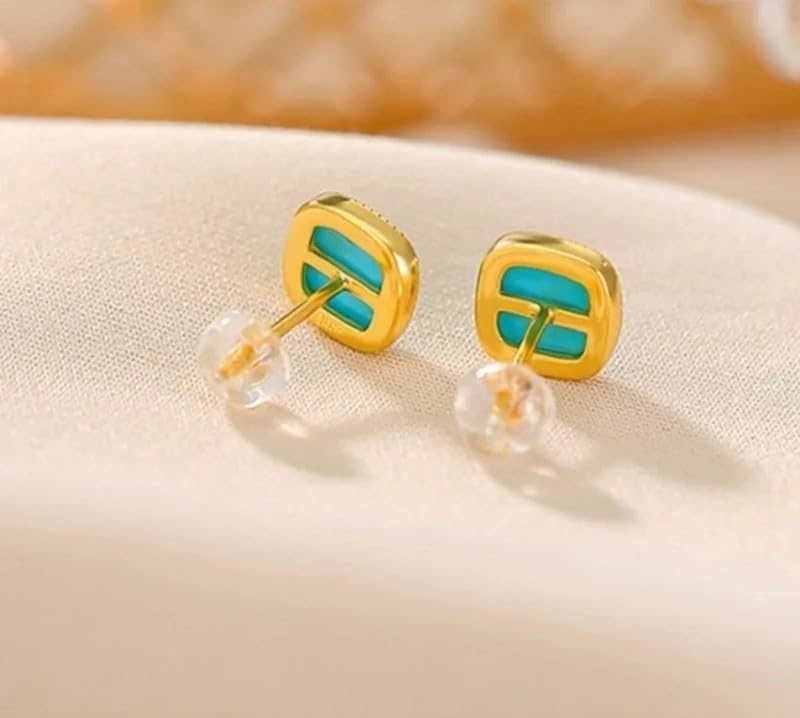 925 Silver Gold Plated Turquoise Square Stud Earrings