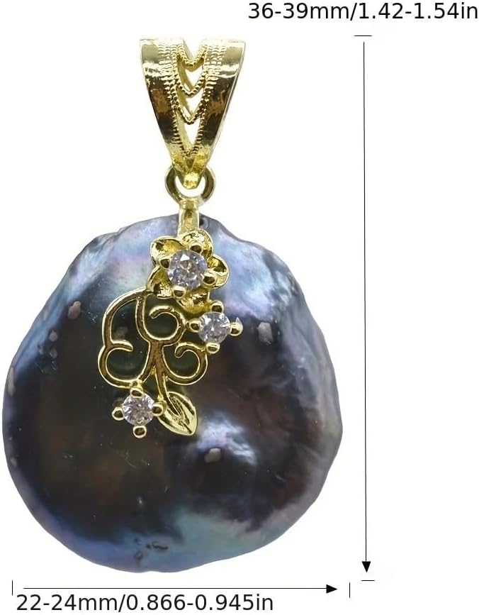 Black Baroque Pearl Pendant, 24mm Natural Freshwater Pearl, Gold-Plated Sterling Silver with Zircon Stones