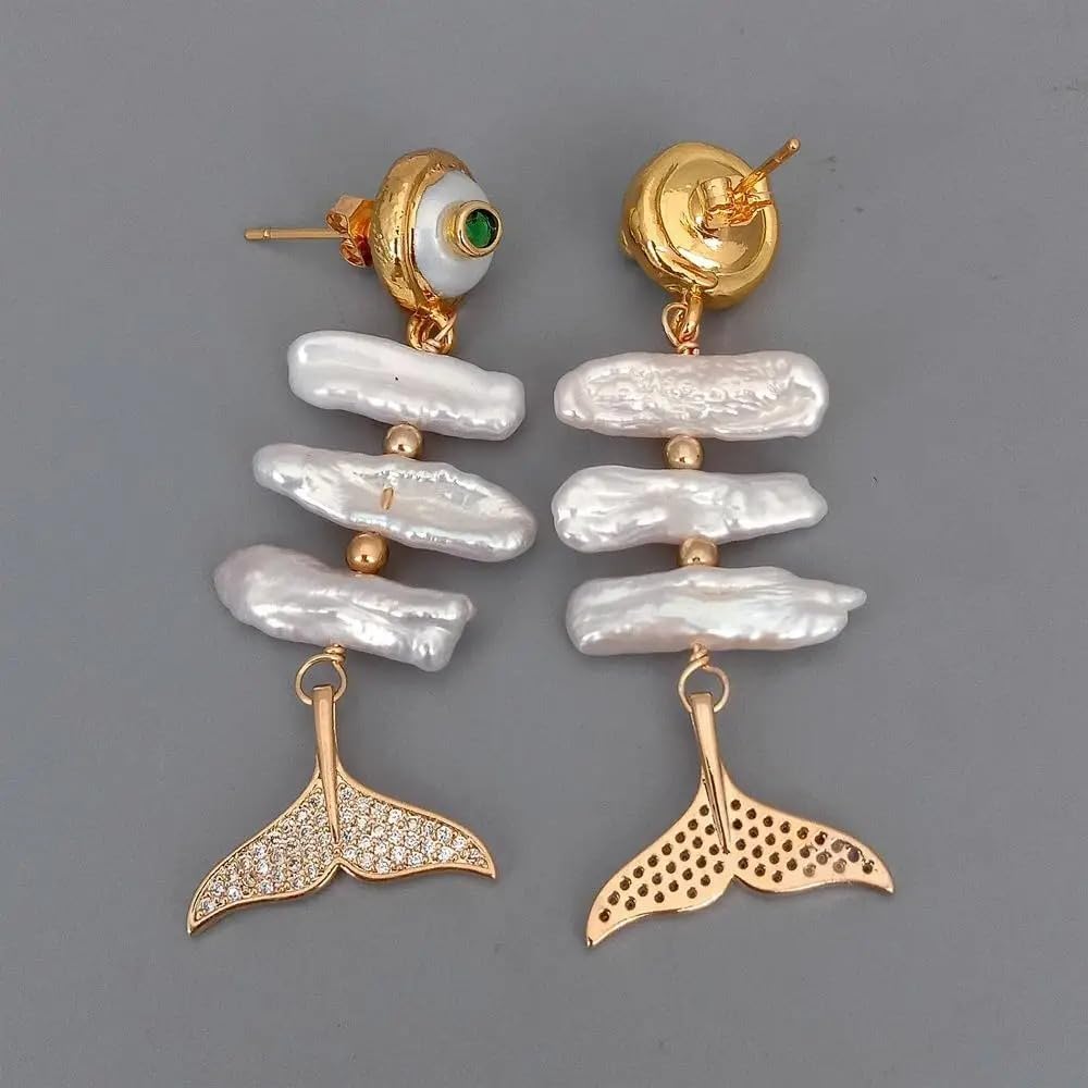 Elegant Pearl Drop Earrings, White Biwa Freshwater Cultured Pearl with CZ Pave Mermaid Tail, Gold Plated Stud Design