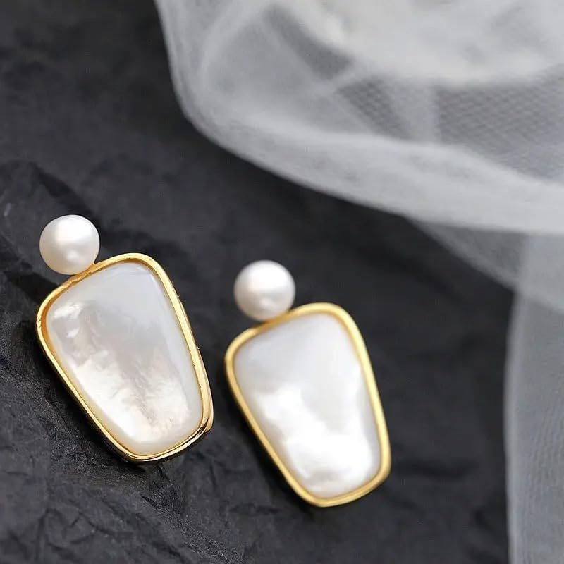 Elegant Natural Shell Earrings with Freshwater Pearl, 18K Gold Plated, White Geometric Design, Statement Drop Style