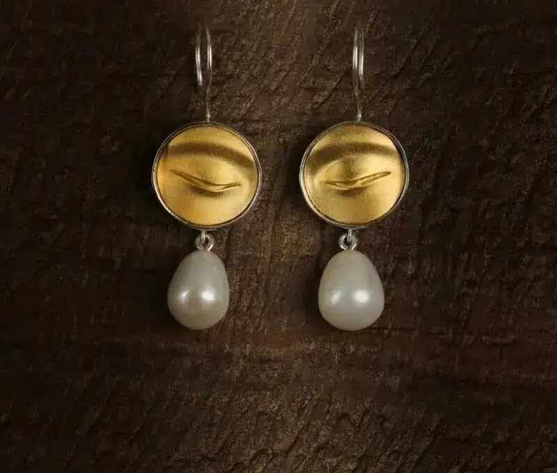 925 Silver Two Tone Natural Pearl Dangle Earrings with Buddha Statues