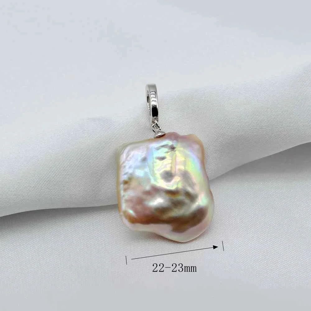 Natural Baroque Pearl Pendant Necklace, Freshwater Square Pearl, Sterling Silver 925, Purple Iridescent, Black Leather Cord