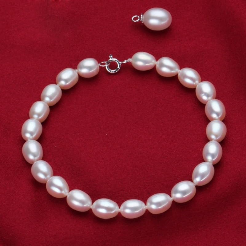 Natural White Freshwater Pearl 925 Silver 20cm Strand Bracelet