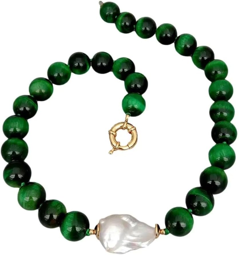 14mm Round Green Tiger Eye Cultured White Keshi Pearl Necklace