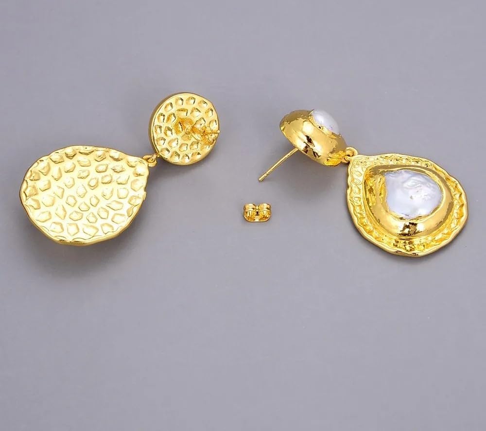 Elegant Gold Plated Natural White Keshi Pearl Teardrop Dangle Earrings, Coin-Shaped Pearl Statement Jewelry