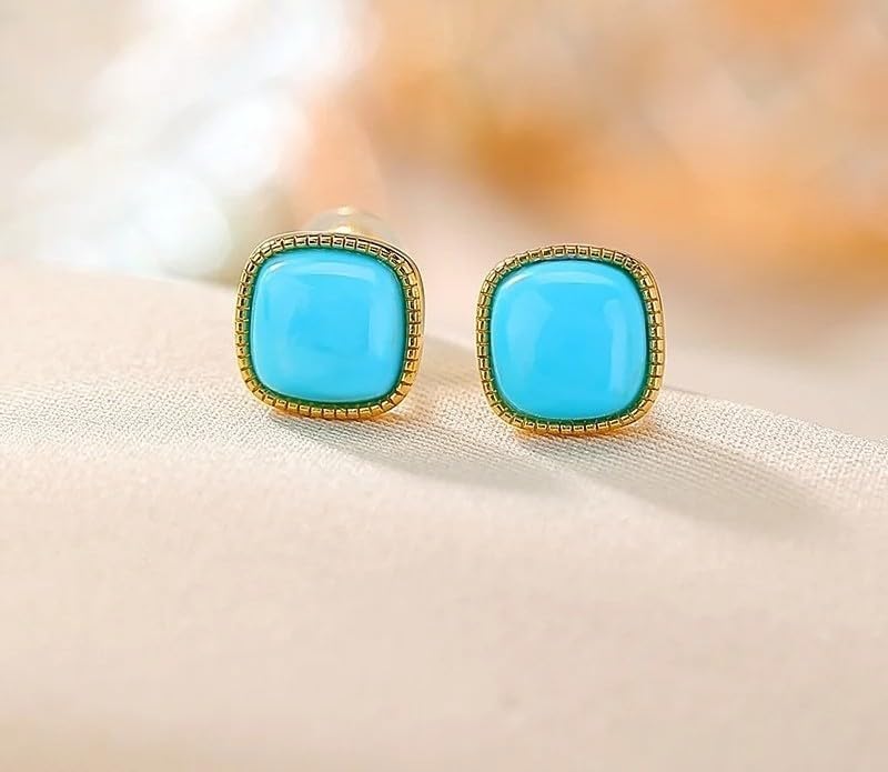 925 Silver Gold Plated Turquoise Square Stud Earrings