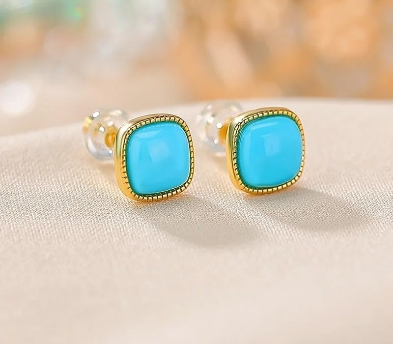925 Silver Gold Plated Turquoise Square Stud Earrings