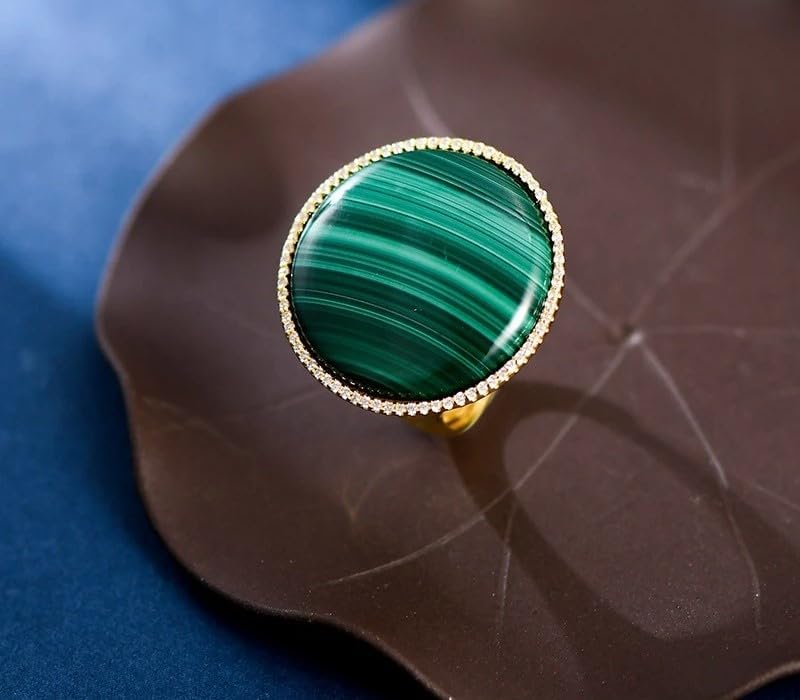 Vintage Malachite Ring, 925 Sterling Silver Gold Plated, Round Gemstone, Zircon Accent, Luxury Statement Ring for Women