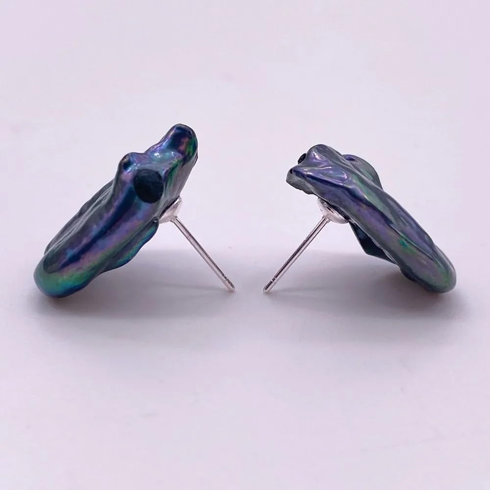 Natural Freshwater Pearl Stud Earrings, Baroque Irregular Rectangle Shape, Peacock Blue Black, 15x22mm