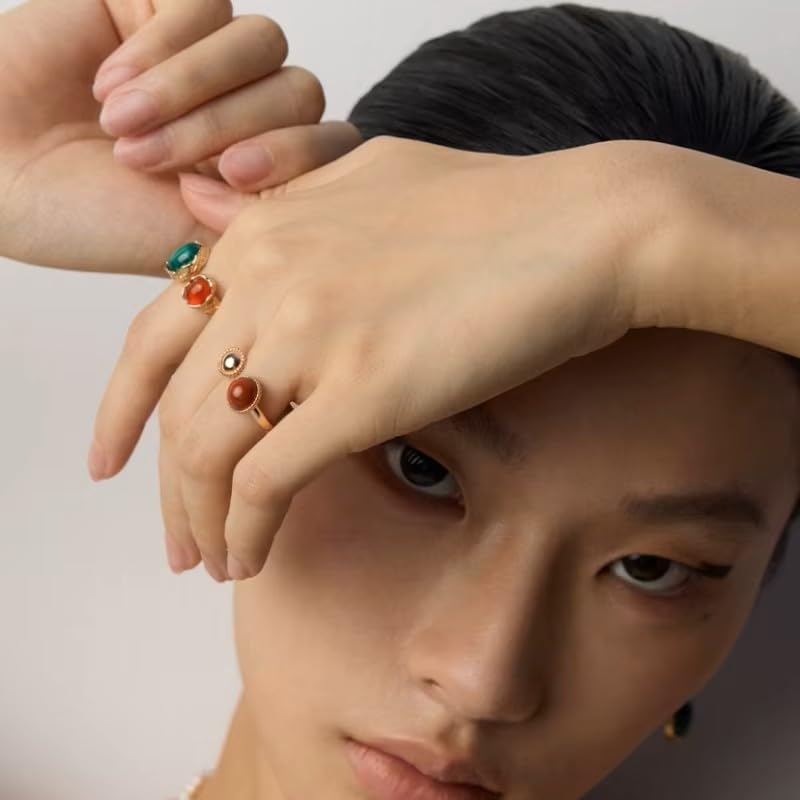 925 Sterling Silver Malachite Agate Tiger's Eye Stone Open Ring
