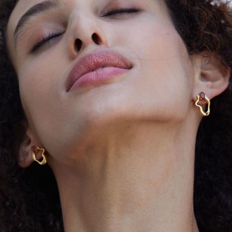 Natural Garnet S925 Silver Gold Plated Earrings For Women Irregular Geometric Unique Design Cute Chic Stud Earring