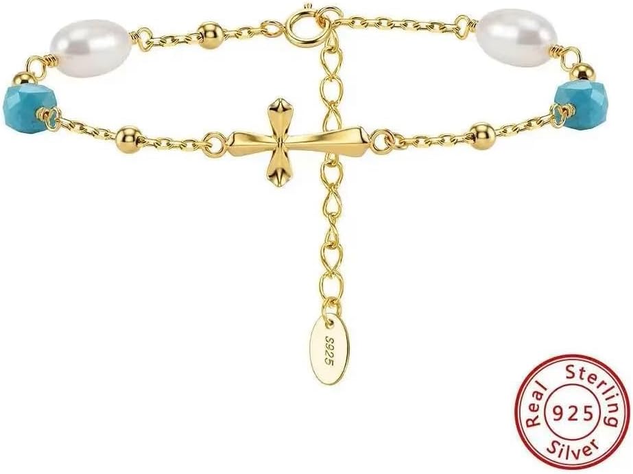 925 Silver Gold Plated Turquoise Pearl Chain Link Bracelet