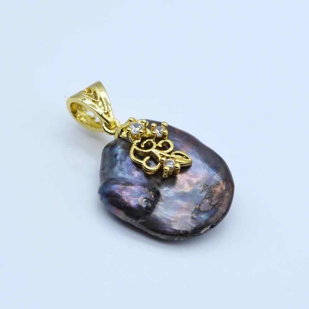 Black Baroque Pearl Pendant, 24mm Natural Freshwater Pearl, Gold-Plated Sterling Silver with Zircon Stones