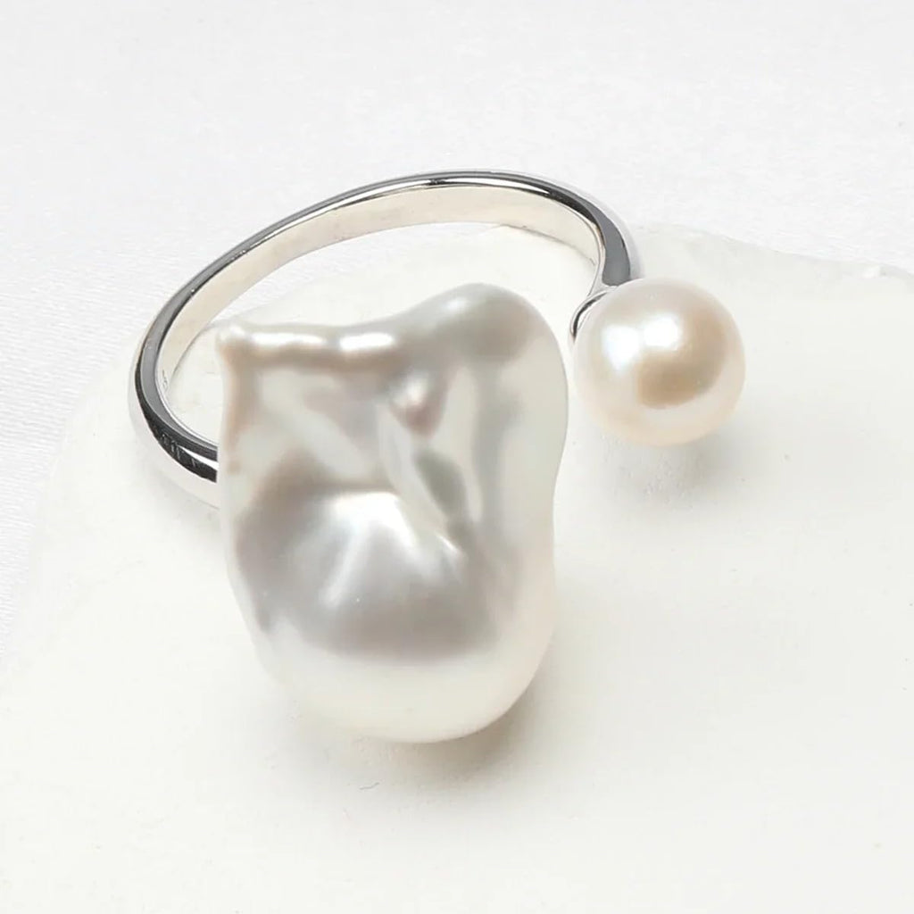 Aurora Bright White Baroque Freshwater Akoya Double Pearl Ring