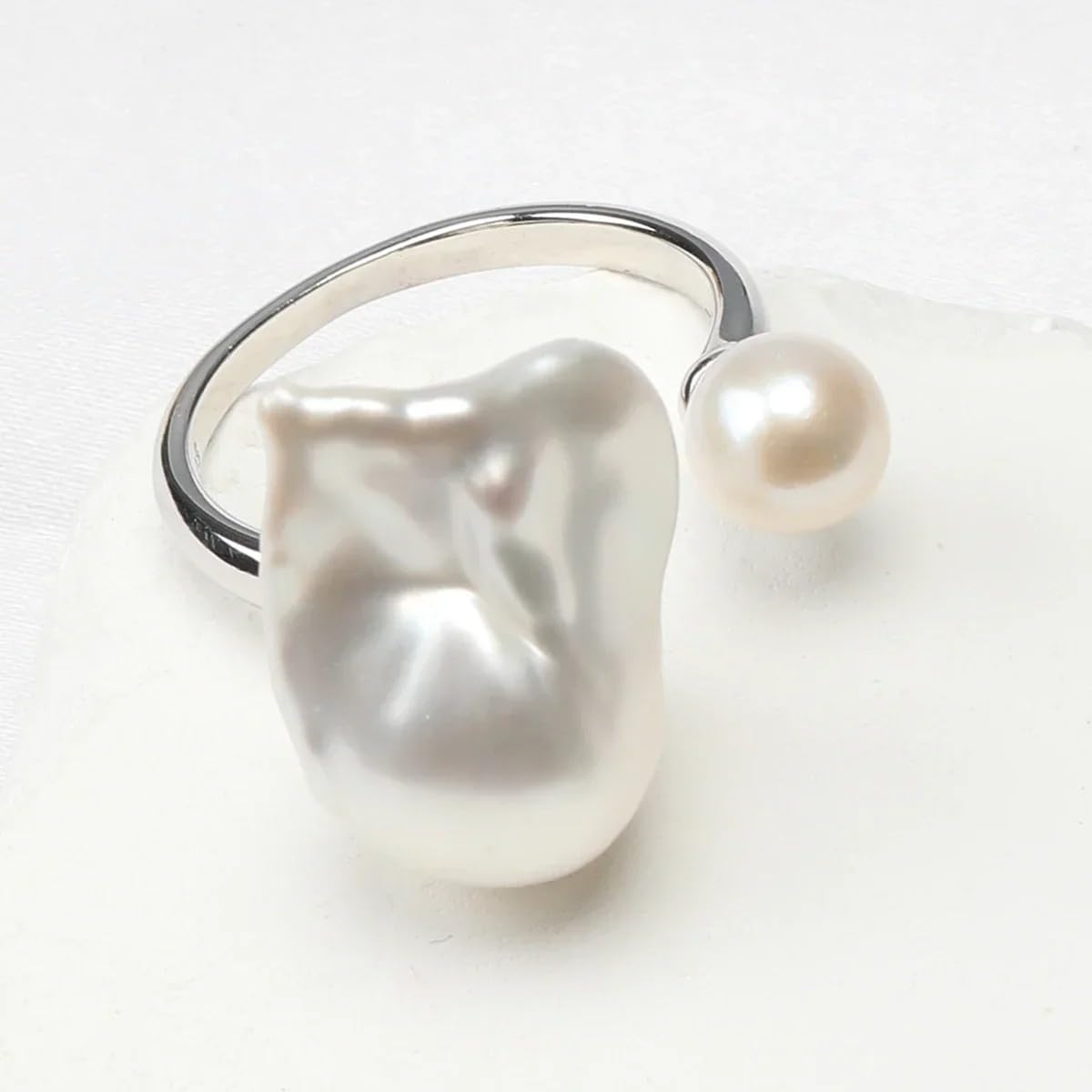 Aurora Bright White Baroque Freshwater Akoya Double Pearl Ring