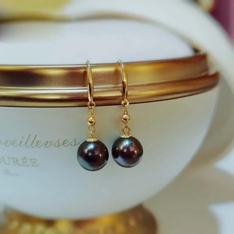 Tahitian Black Pearl10-11mm Gold Earrings