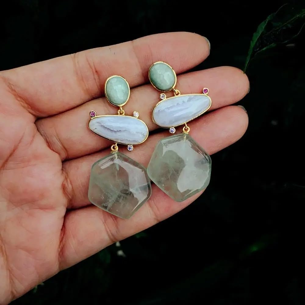 23x25mm Hexagon Shape Green Amethyst prasiolite Amazonite Lace Agate Dangle Stud Earrings