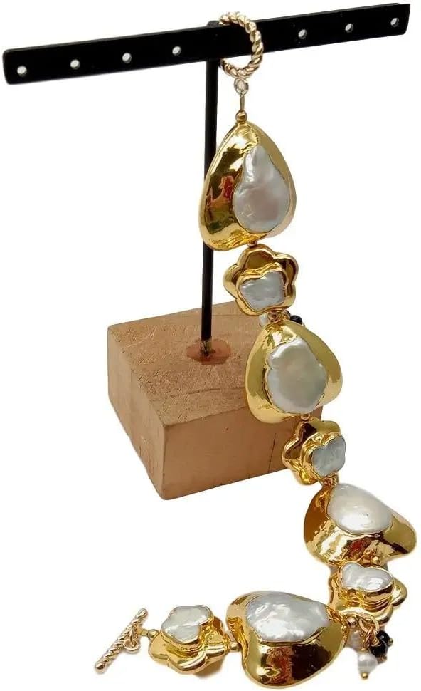 Baroque Pearl Heart Bracelet, 9 Inch Gold Plated Toggle Clasp, White Keshi Pearl with Black Accent Beads