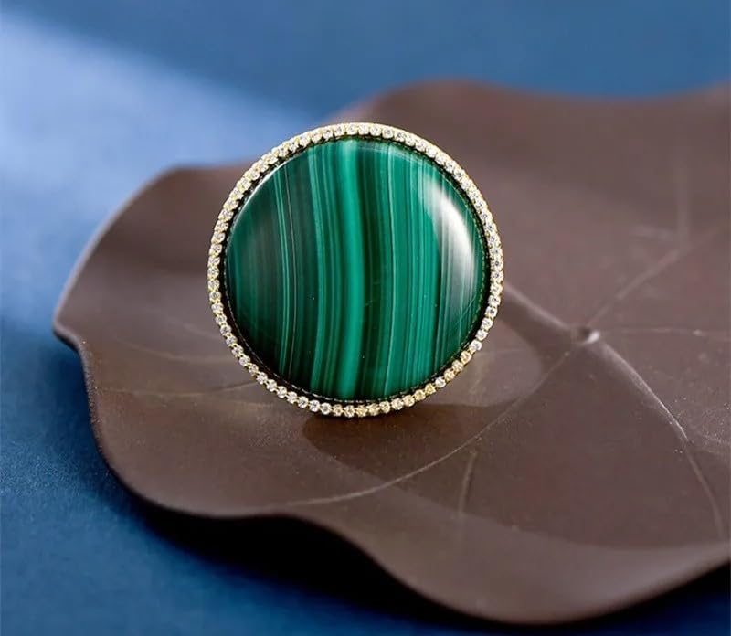 Vintage Malachite Ring, 925 Sterling Silver Gold Plated, Round Gemstone, Zircon Accent, Luxury Statement Ring for Women