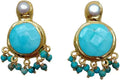Elegant Gold Plated Turquoise Pearl Dangle Stud Earrings, 22mm, Blue Stone with Pearl Accent, Chandelier Style