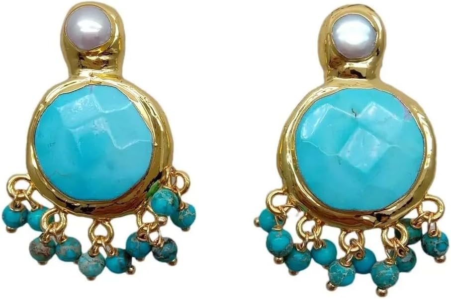 Elegant Gold Plated Turquoise Pearl Dangle Stud Earrings, 22mm, Blue Stone with Pearl Accent, Chandelier Style