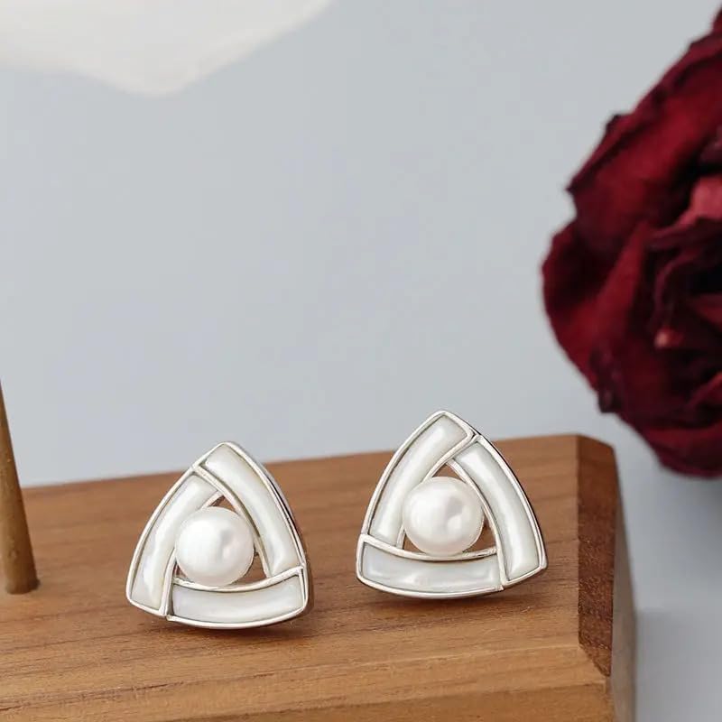 Sterling Silver Triangular Pearl Stud Earrings, Natural Freshwater Pearl Inlaid, 925 Silver Geometric Design