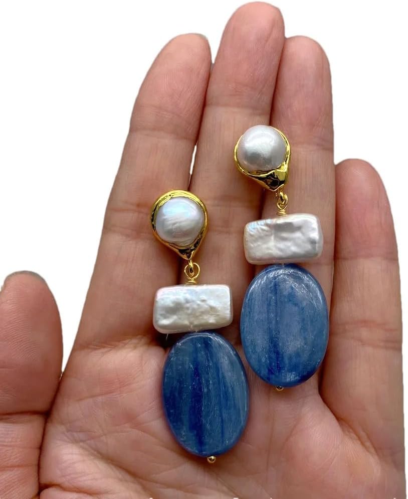 Blue Kyanite Cultured White Biwa Pearl Geometric Dangle Earrings