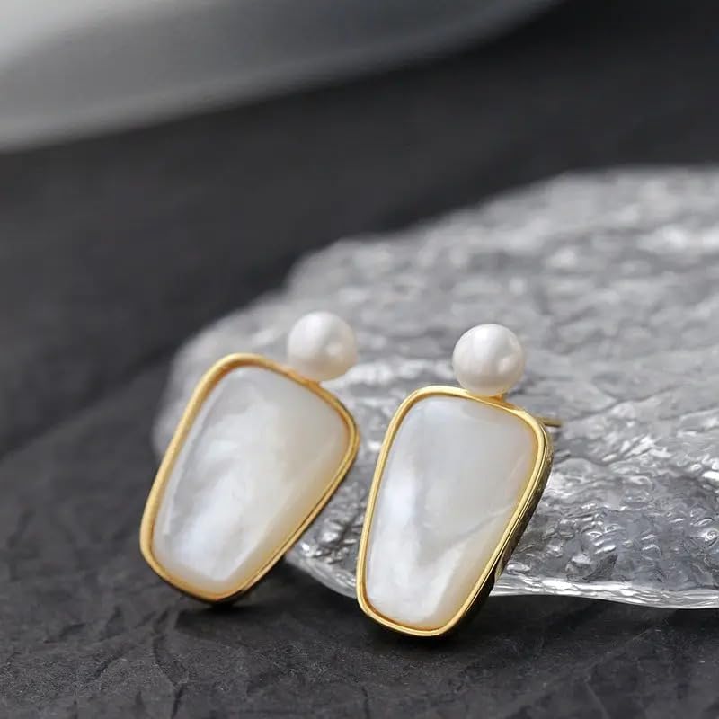 Elegant Natural Shell Earrings with Freshwater Pearl, 18K Gold Plated, White Geometric Design, Statement Drop Style
