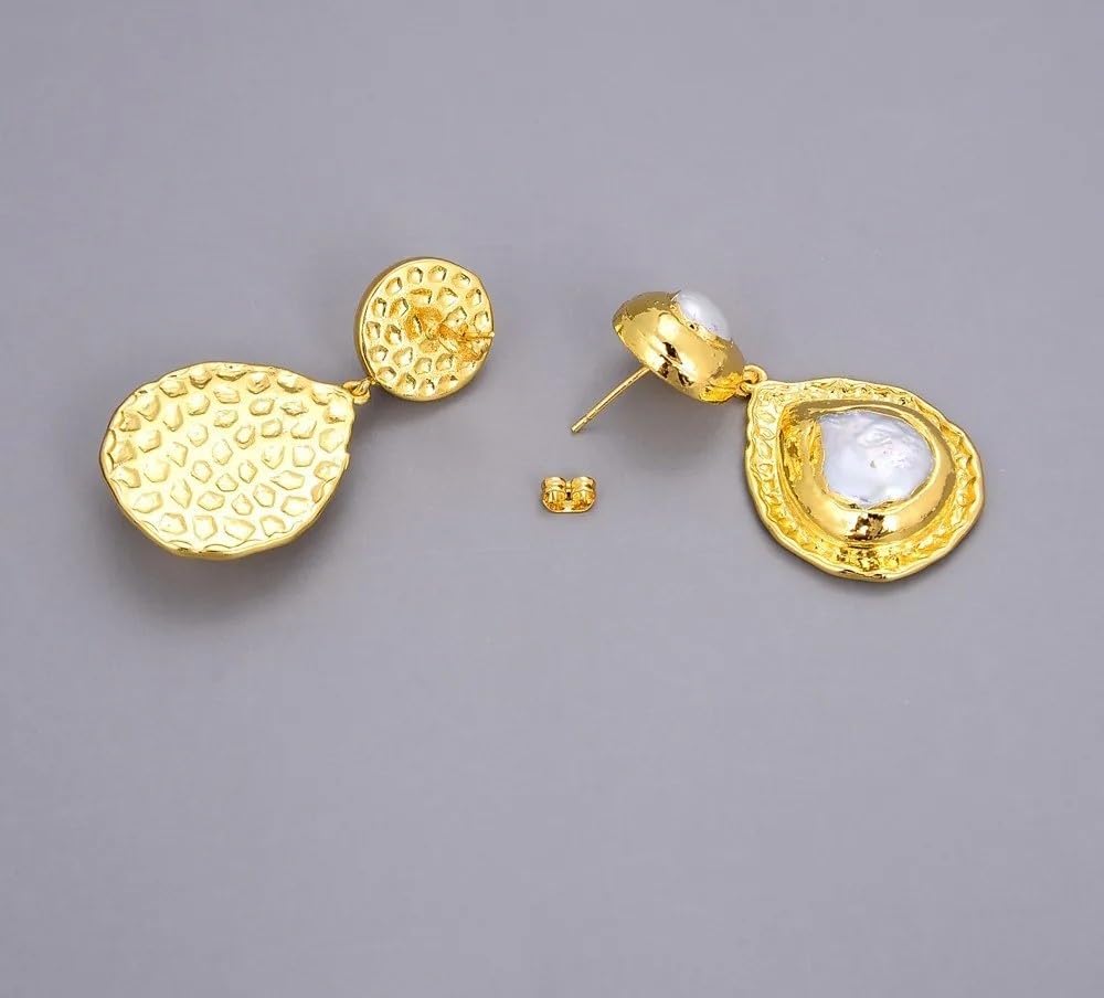 Elegant Gold Plated Natural White Keshi Pearl Teardrop Dangle Earrings, Coin-Shaped Pearl Statement Jewelry