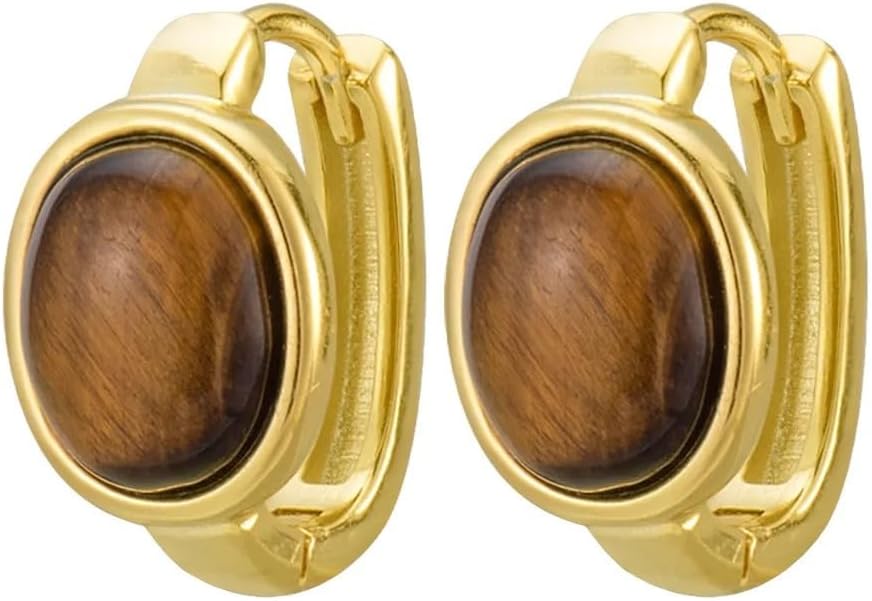 Generic Sterling Silver Tiger's Eye Oval Huggie Hoop Earrings, Gold Plated, 20x23mm, Vintage Style, Women's Casual Jewelry