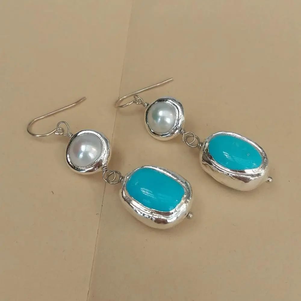 Cultured White Pearl Blue Turquoise Gold Plated 925 Silver Hook Dangle Earrings