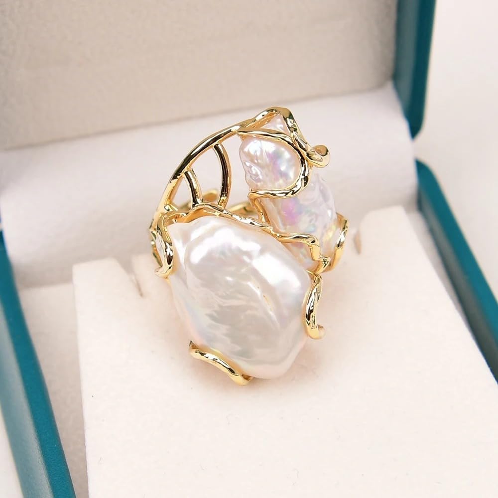 Natural Keshi Biwa Pearl Ring, Gold Plated Adjustable Band, White