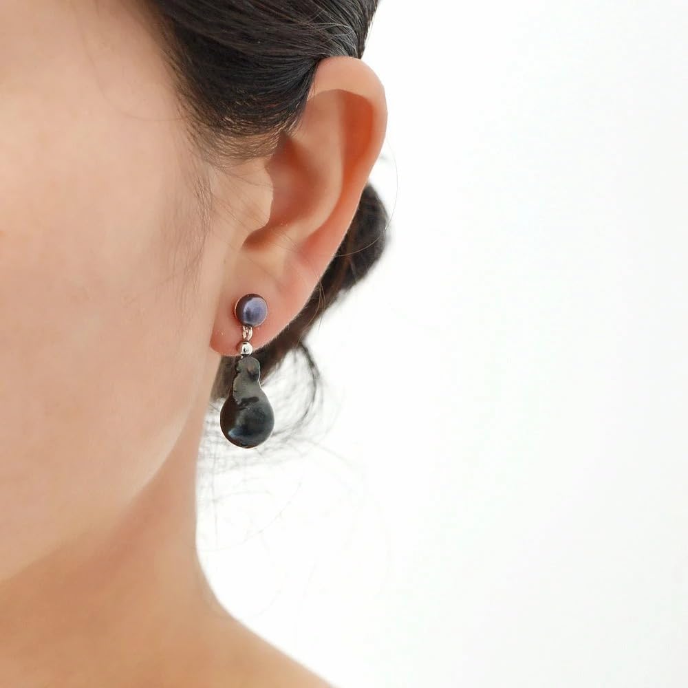 Natural Baroque Black Pearl Handmade Silver Drop Earrings