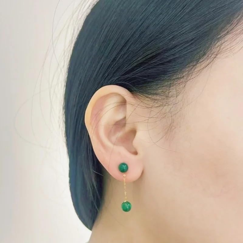Zhixi 18K Yellow Gold Drop Earrings, Green Agate Round Beads, 5-6MM, Long Chain, Fashion Wedding Party Gift for Women