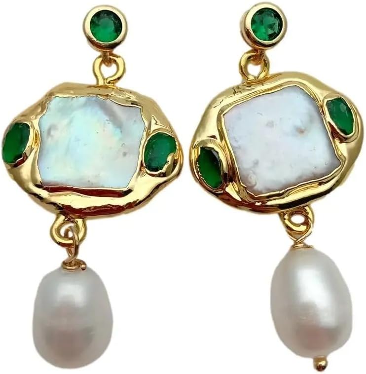 Freshwater Cultured White Square Pearl Rice Pearl Green Crystal Dangle Stud Earrings