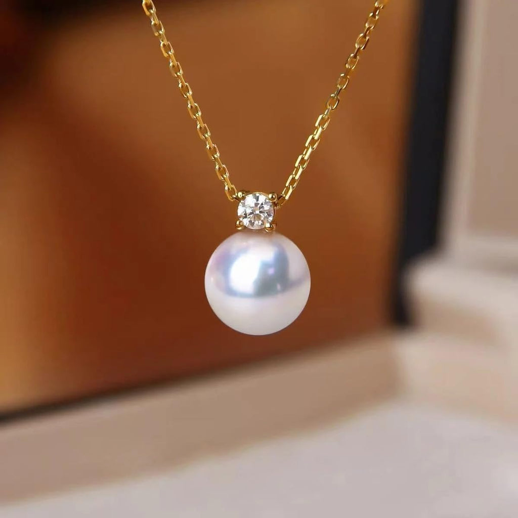 18k Gold Natural Akoya Pearl Pendant with 925 Sterling Silver Chain